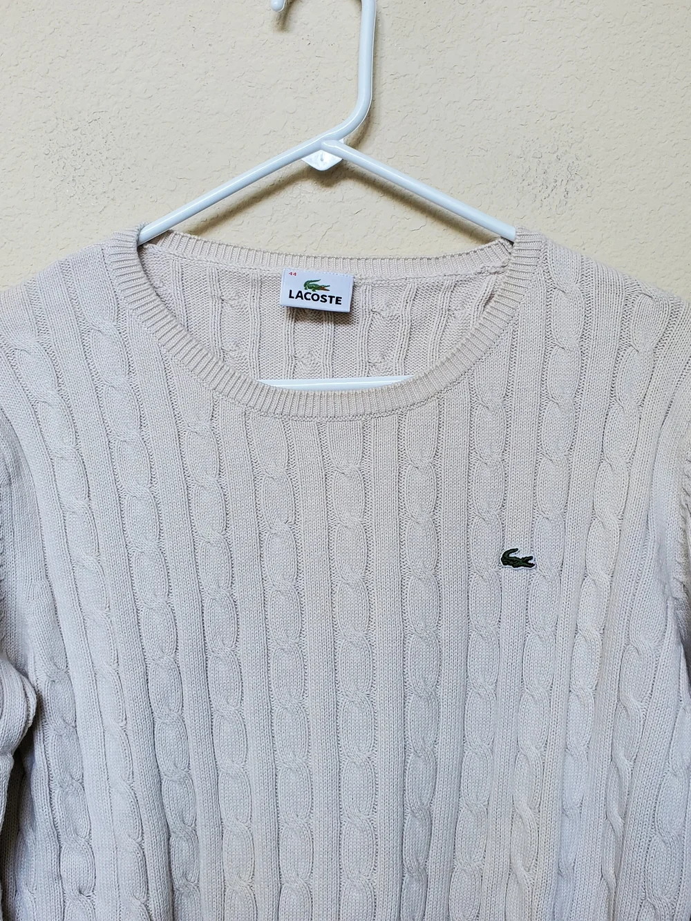 Lacoste Cream Cable Knit Crewneck Sweater with Green Logo. Size XL - Picture 4 of 8